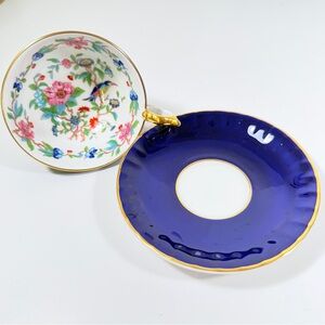 Aynsley Pembroke Cobalt Blue‎ Tea Cup & Saucer Gold Trim Flowers Fine Bone China